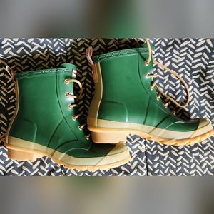 RARE!! GENUINE HUNTER 'BRIXON' Classic Hunter Green/Tan Lace-up Rain Boots US 7